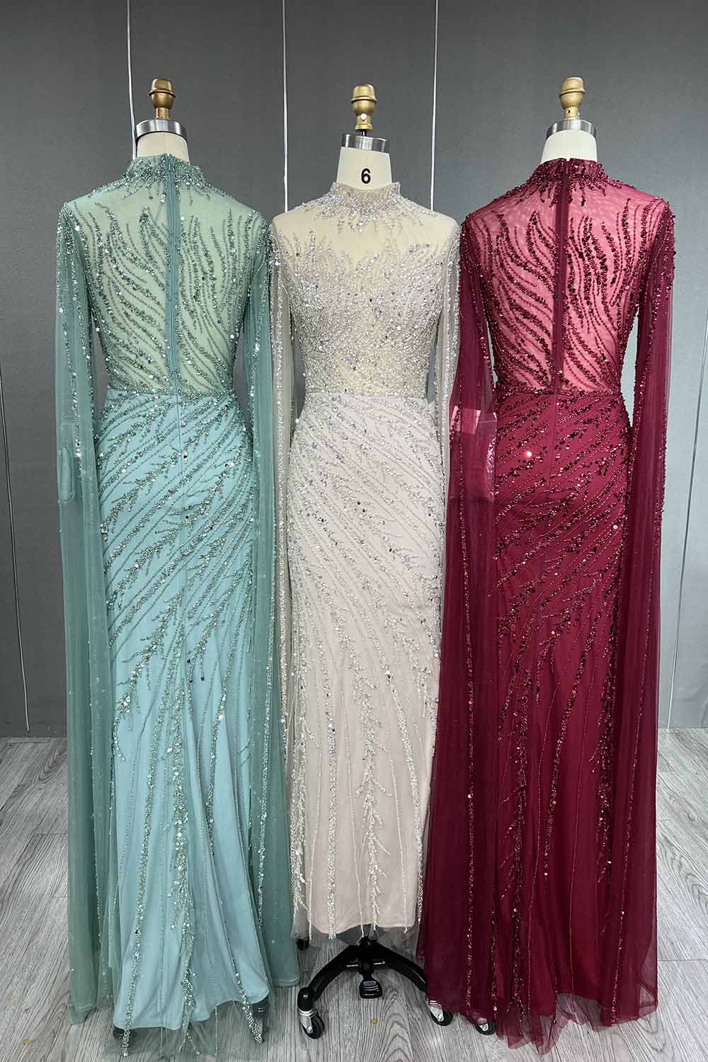 YQLNNE 049 Nude Handmade Beaded Evening Dress With Cape Sleeves