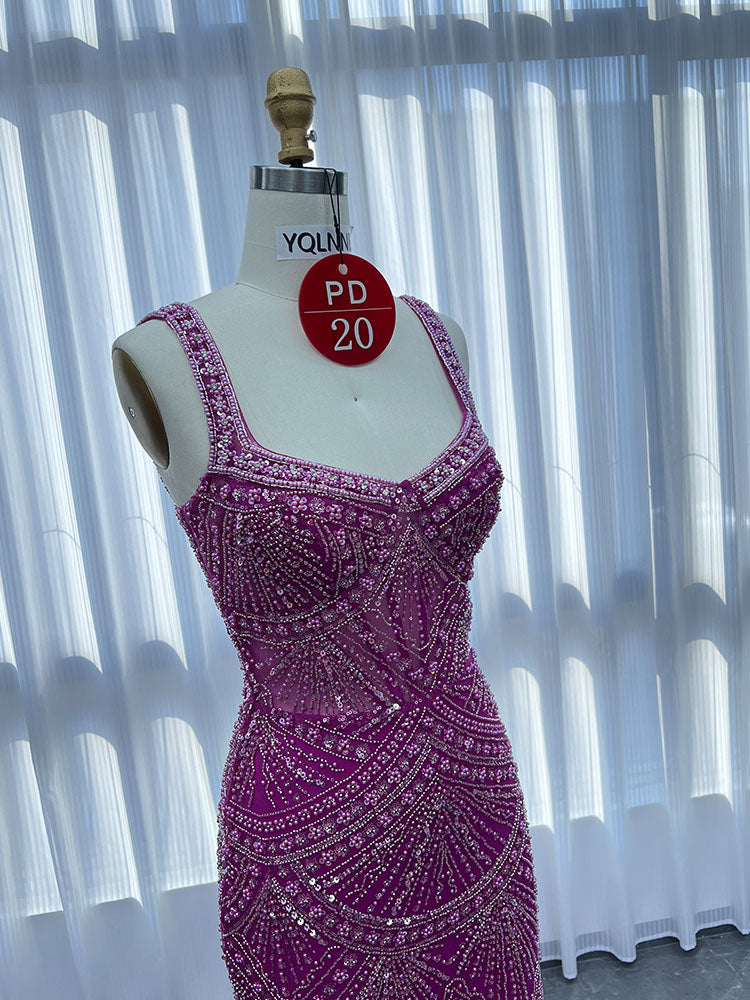 YQLNNE PD020 Fuchsia Spaghetti Crystals Embroidered Long Evening Dress Mermaid