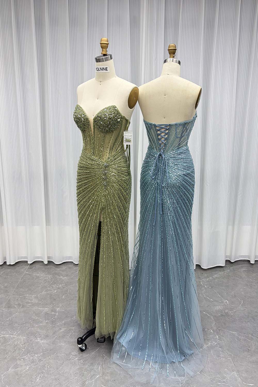 YQLNNE Sexy Strapless Beaded Long Prom Dresses With Slit