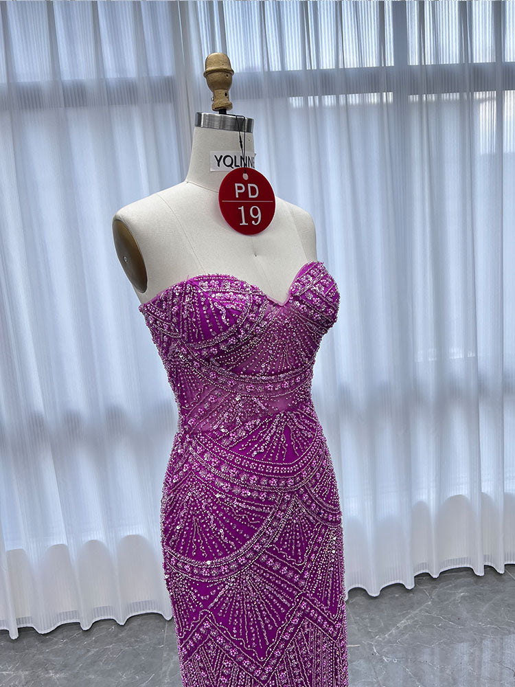 YQLNNE PD019 Fuchsia Strapless Beadings Mermaid Prom Dress Lace-up