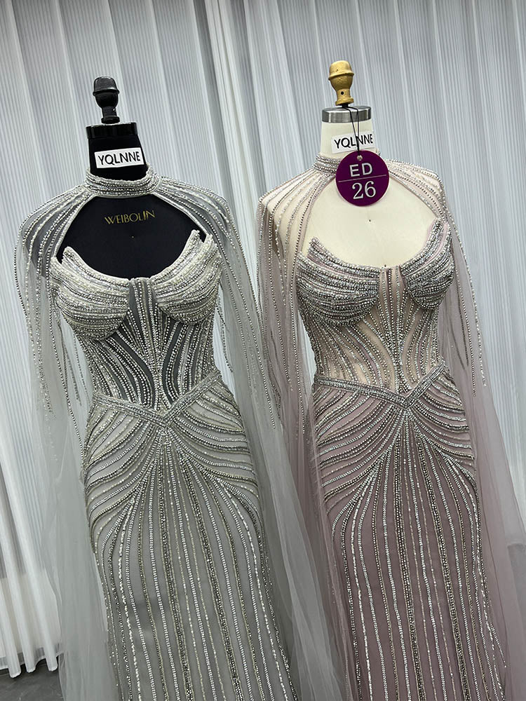 YQLNNE ED026 Silver Crystals Long Evening Dress Mermaid With Shawl