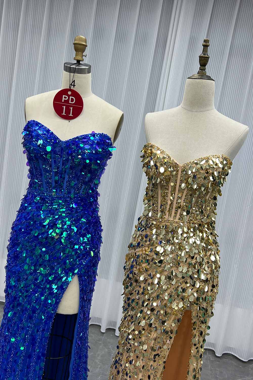 YQLNNE PD011 Sparkly Gold Sequins Beading Long Prom Dress With Slit