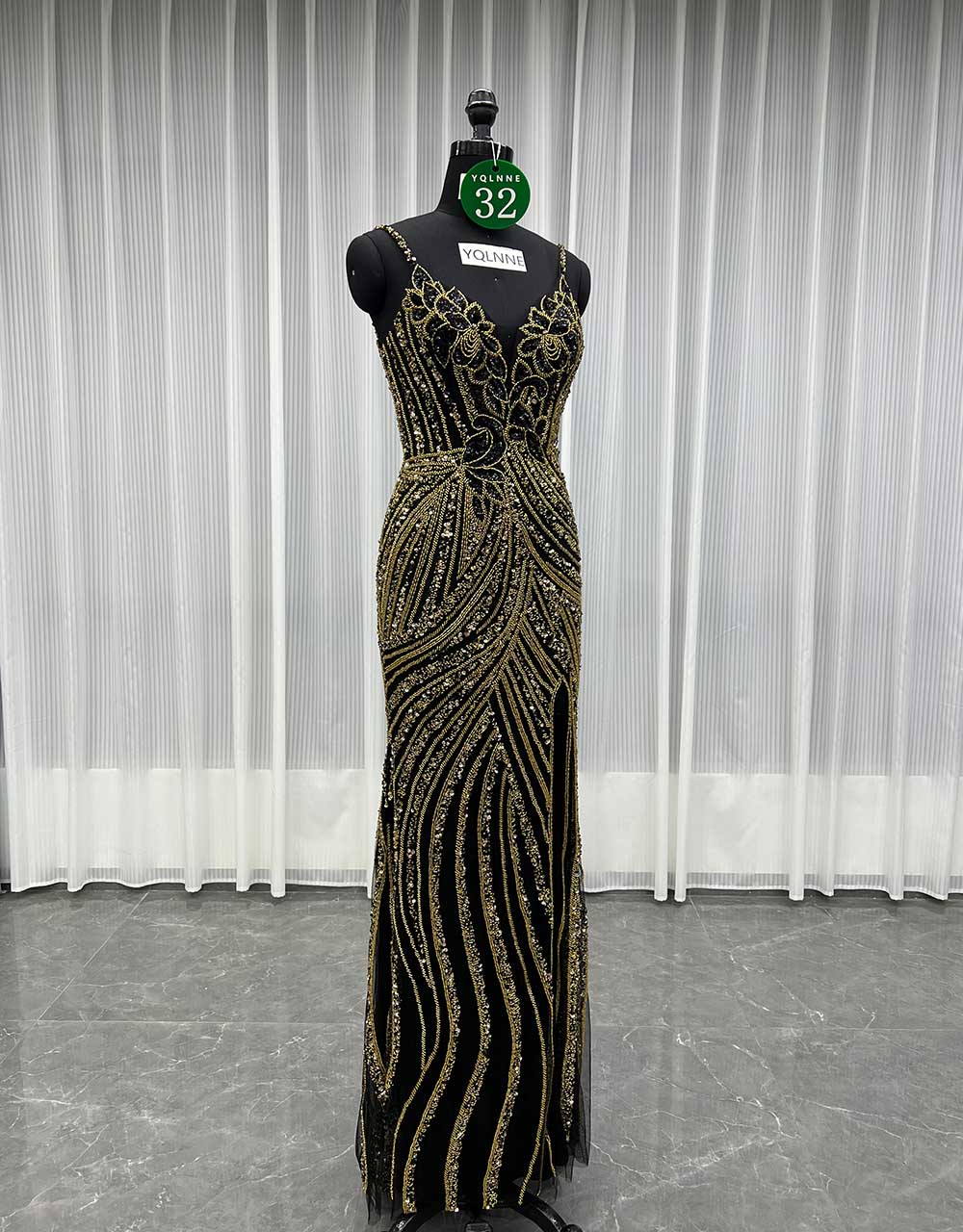 YQLNNE 032 Black Handmade Crystals Beaded Evening Dress Royal Blue