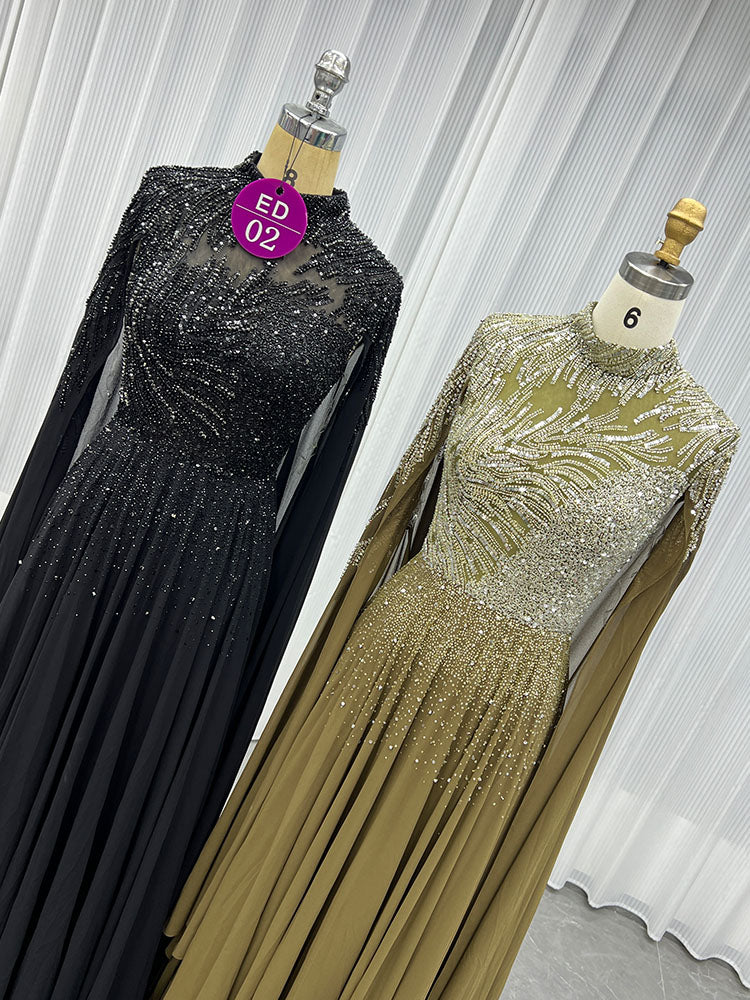 YQLNNE ED02 Black High Collar Chiffon Aline Evening Dress With Handmade Crystals Beaded