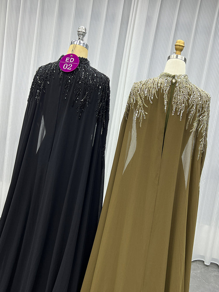 YQLNNE ED02 Black High Collar Chiffon Aline Evening Dress With Handmade Crystals Beaded