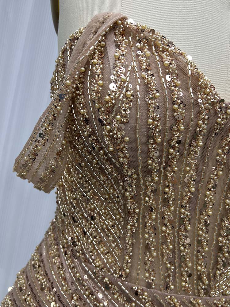YQLNNE PD016 Mocha Sequins Long Prom Dresses Off Shoulder Evening Gown Mermaid