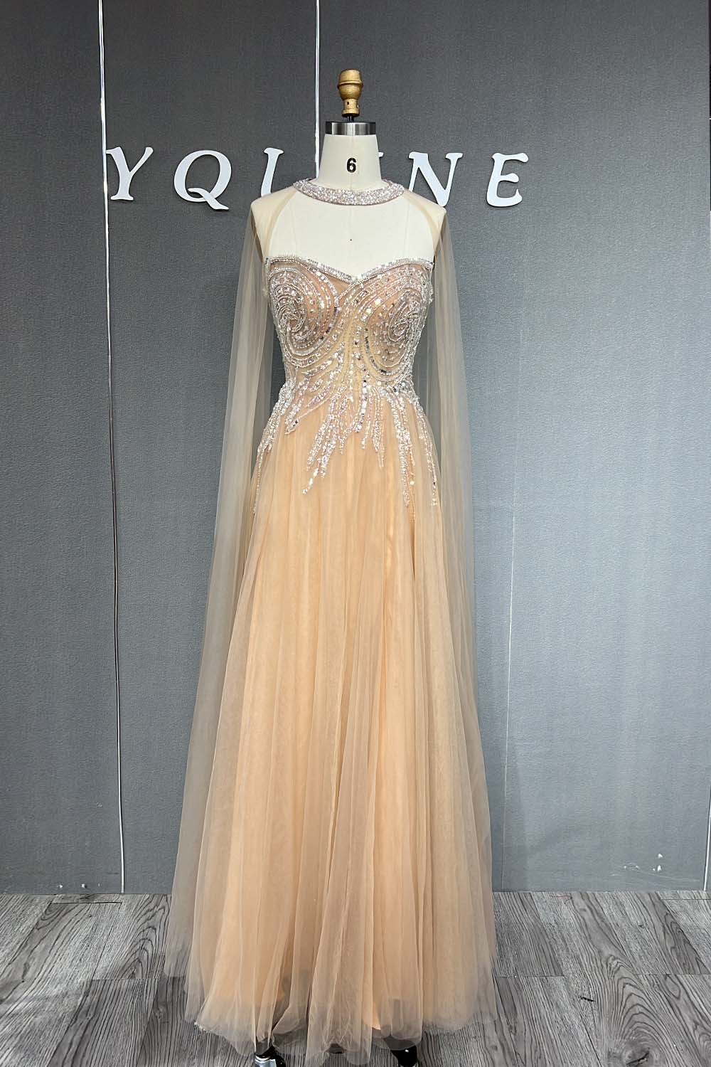 YQLNNE Nude Champagne Long Slit Prom Dresses Sweetheart Beading Tulle Aline Evening Gown Lace-up