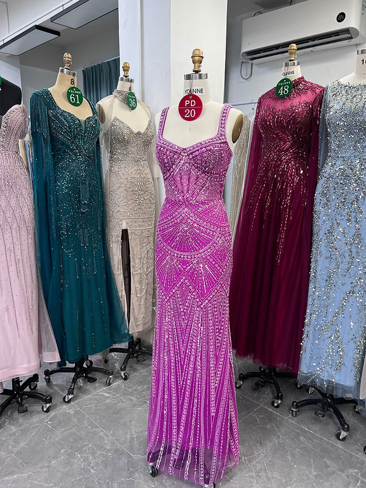 YQLNNE PD020 Fuchsia Spaghetti Crystals Embroidered Long Evening Dress Mermaid