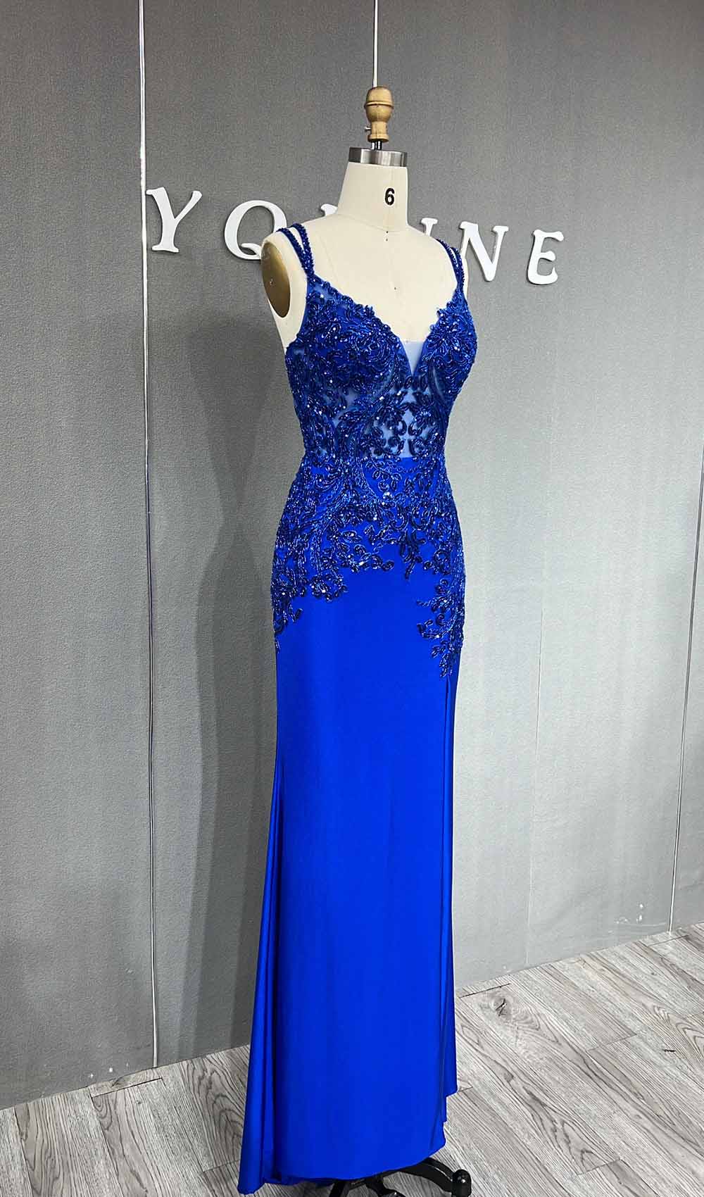 YQLNNE Royal Blue High Slit Beading Prom Dresses Long Spaghetti Sequined Spandex Mermaid Evening Gown Lace-up