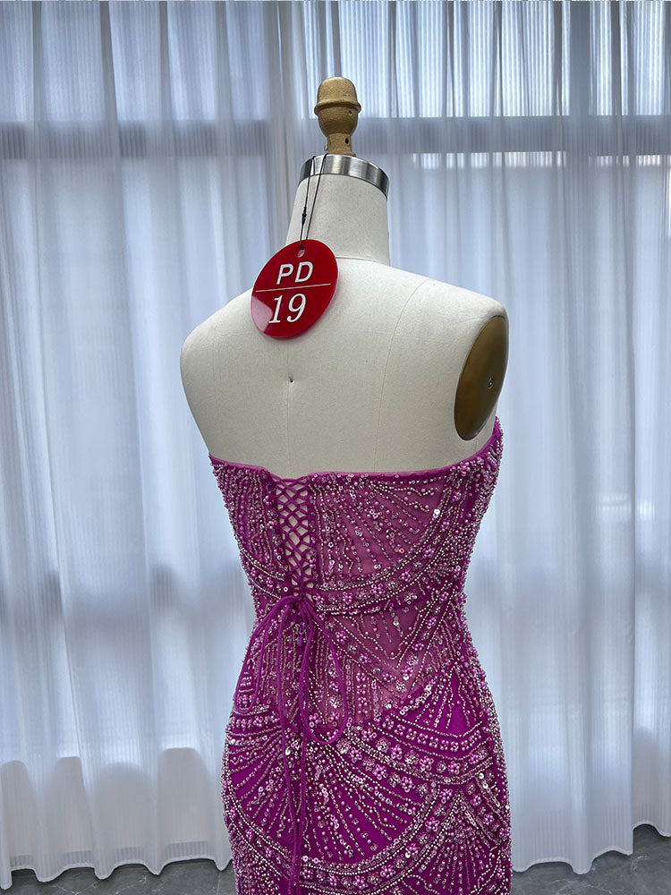 YQLNNE PD019 Fuchsia Strapless Beadings Mermaid Prom Dress Lace-up