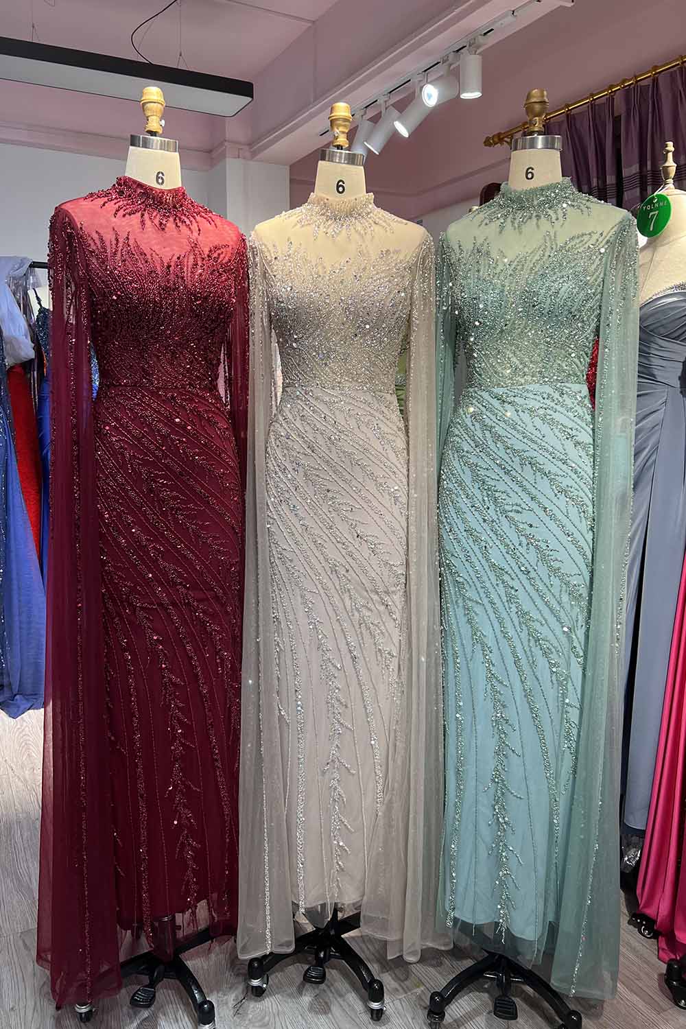 YQLNNE 049 Nude Handmade Beaded Evening Dress With Cape Sleeves