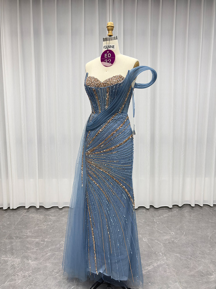 YQLNNE ED032 Luxury Gold One Shoulder Rhinestones Evening Dresses Rhinestones Mermaid Detachable Train