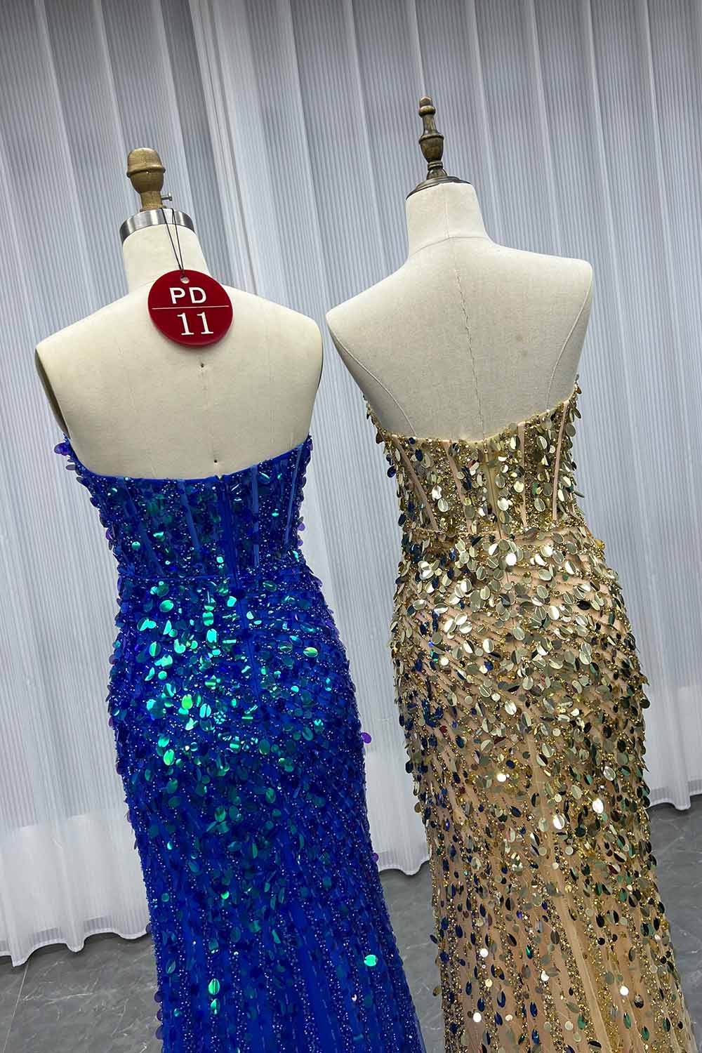 YQLNNE PD011 Sparkly Gold Sequins Beading Long Prom Dress With Slit
