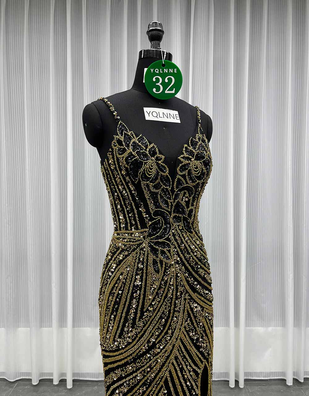 YQLNNE 032 Black Handmade Crystals Beaded Evening Dress Royal Blue