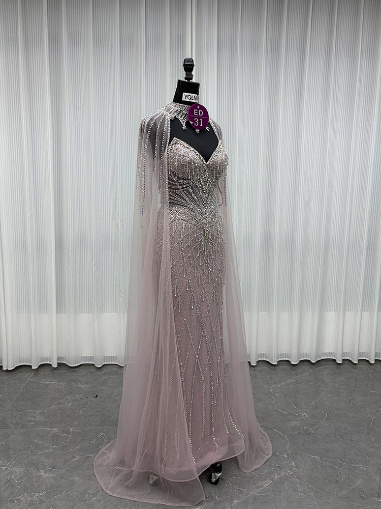 YQLNNE ED031 Gold Crystals Beaded Evening Dress With Shawl