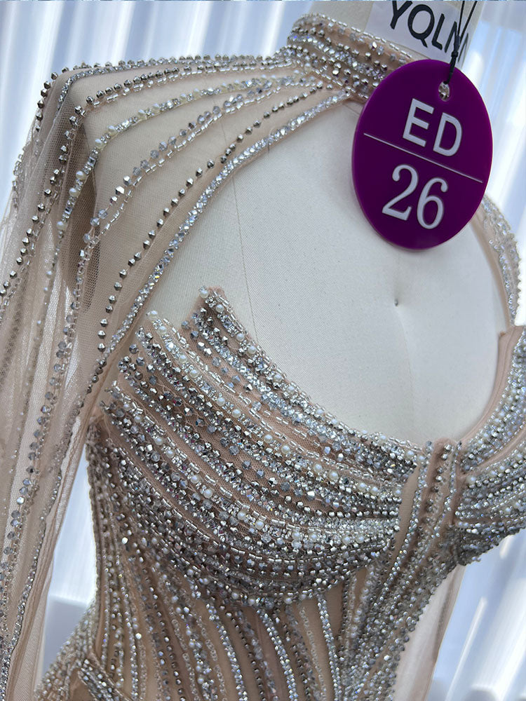 YQLNNE ED026 Gold Rhinestones Mermaid Evening Dress With Shawl