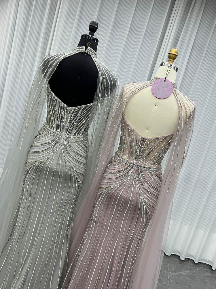 YQLNNE ED026 Silver Crystals Long Evening Dress Mermaid With Shawl
