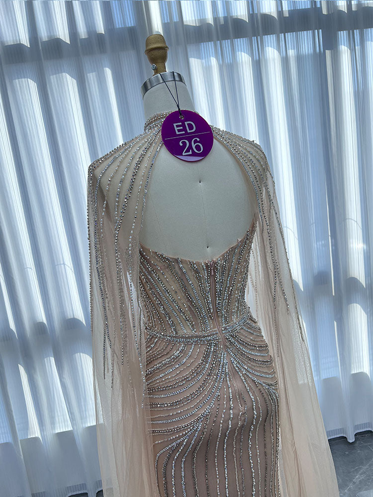YQLNNE ED026 Gold Rhinestones Mermaid Evening Dress With Shawl