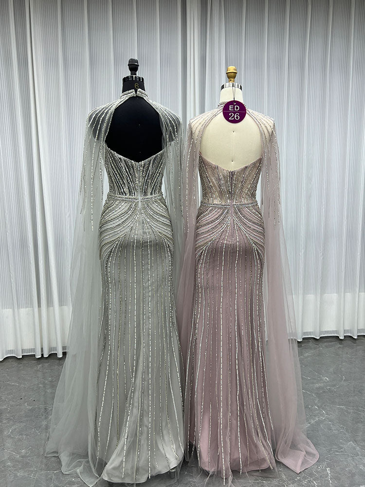 YQLNNE ED026 Silver Crystals Long Evening Dress Mermaid With Shawl