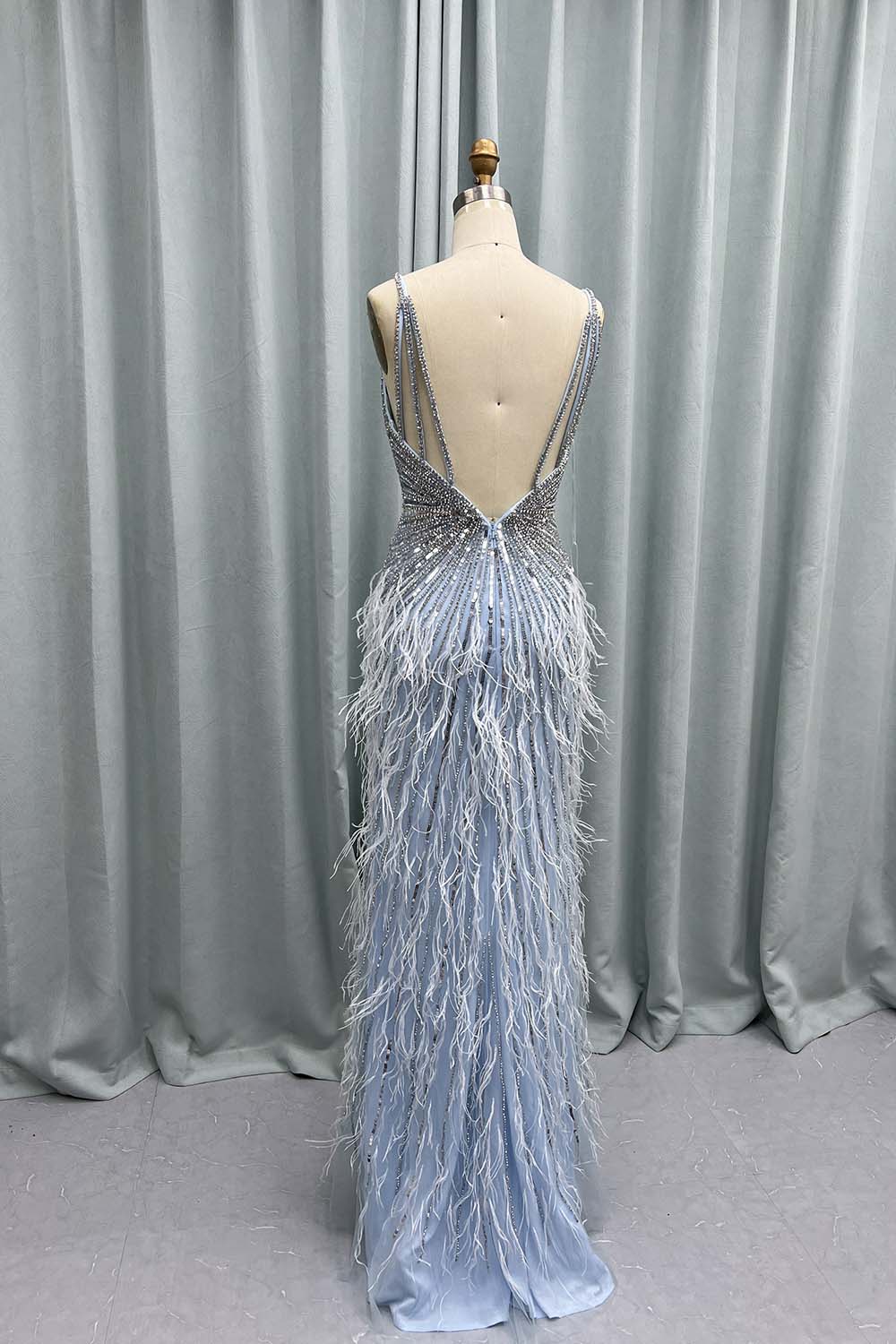 Luxury Blue Feathers Crystals Long Evening Dresses Straps Tulle Beaded Weddding Party Gown Vestidos