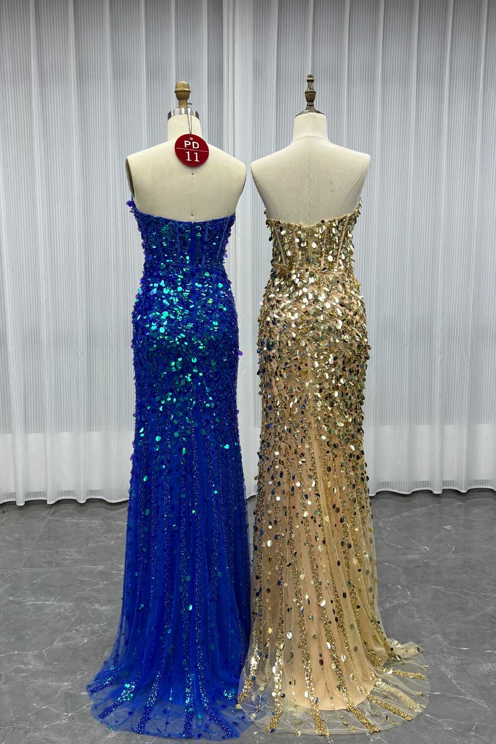 YQLNNE PD011 Sparkly Gold Sequins Beading Long Prom Dress With Slit