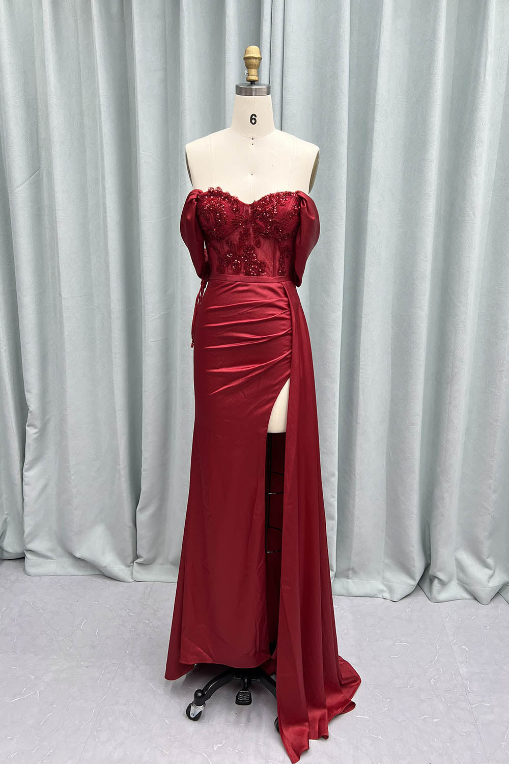 YQLNNE 016 Wine Red Satin Off the Shoulder High Slit Long Prom Dresses ...