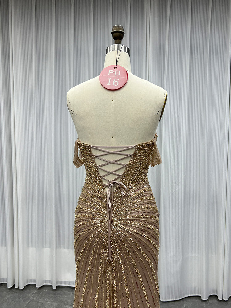 YQLNNE PD016 Mocha Sequins Long Prom Dresses Off Shoulder Evening Gown Mermaid