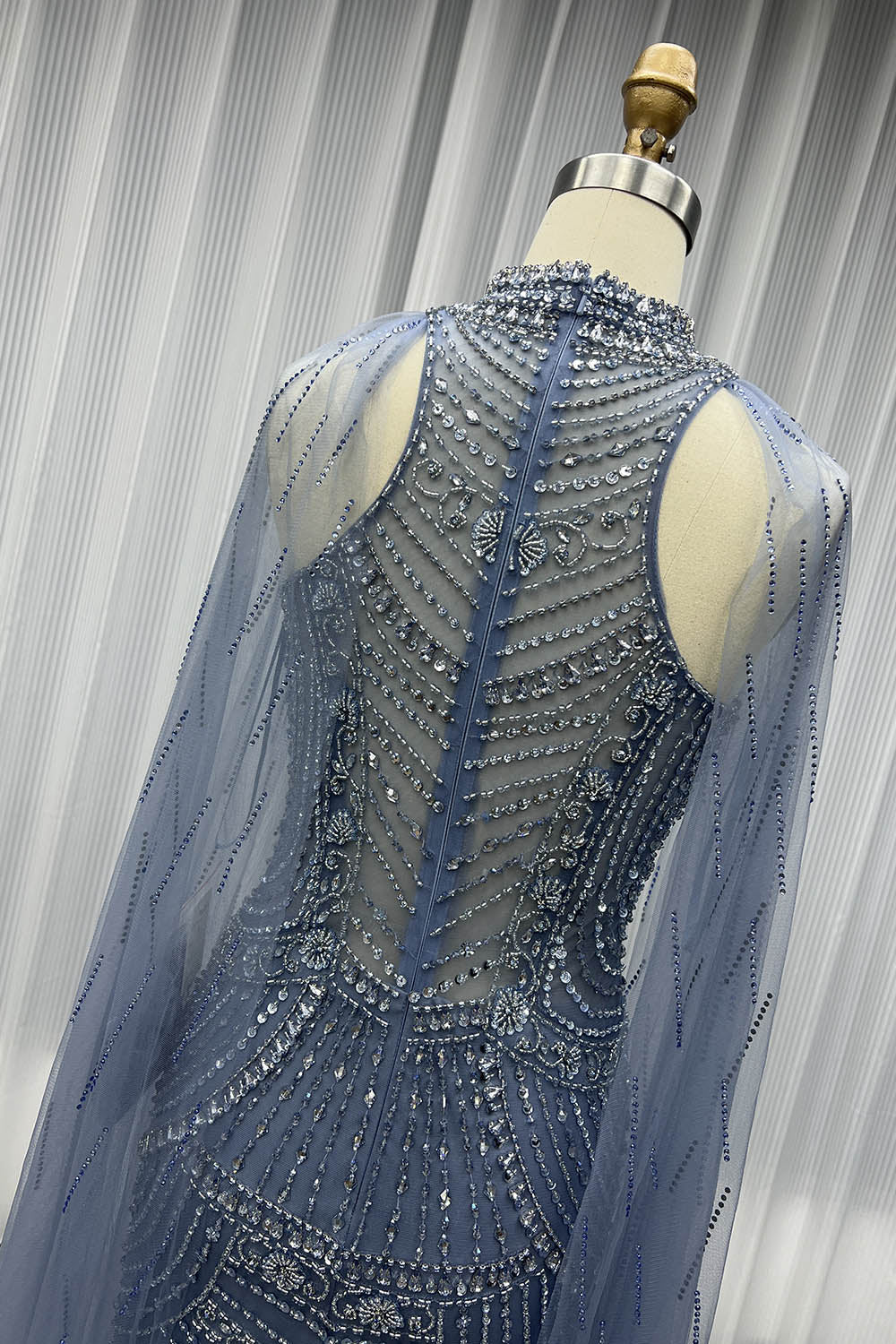 New Dusty Blue Handmade Rhinestones Beaded Long Evening Dress Formal Party Gown