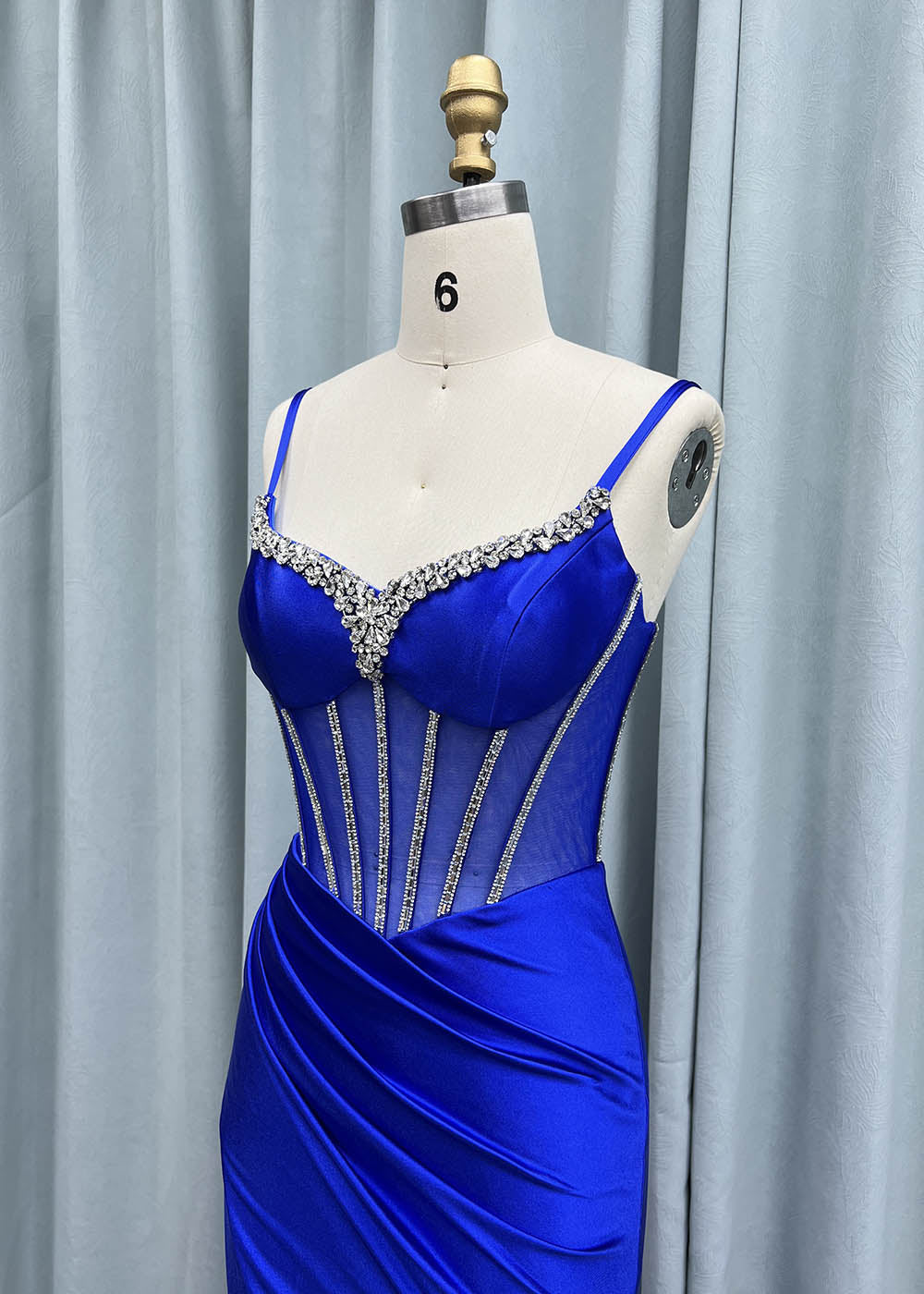 YQLNNE Royal Blue Rhinestones Long Slit Prom Dresses Satin Mermaid Beaded Formal Evening Party Gown