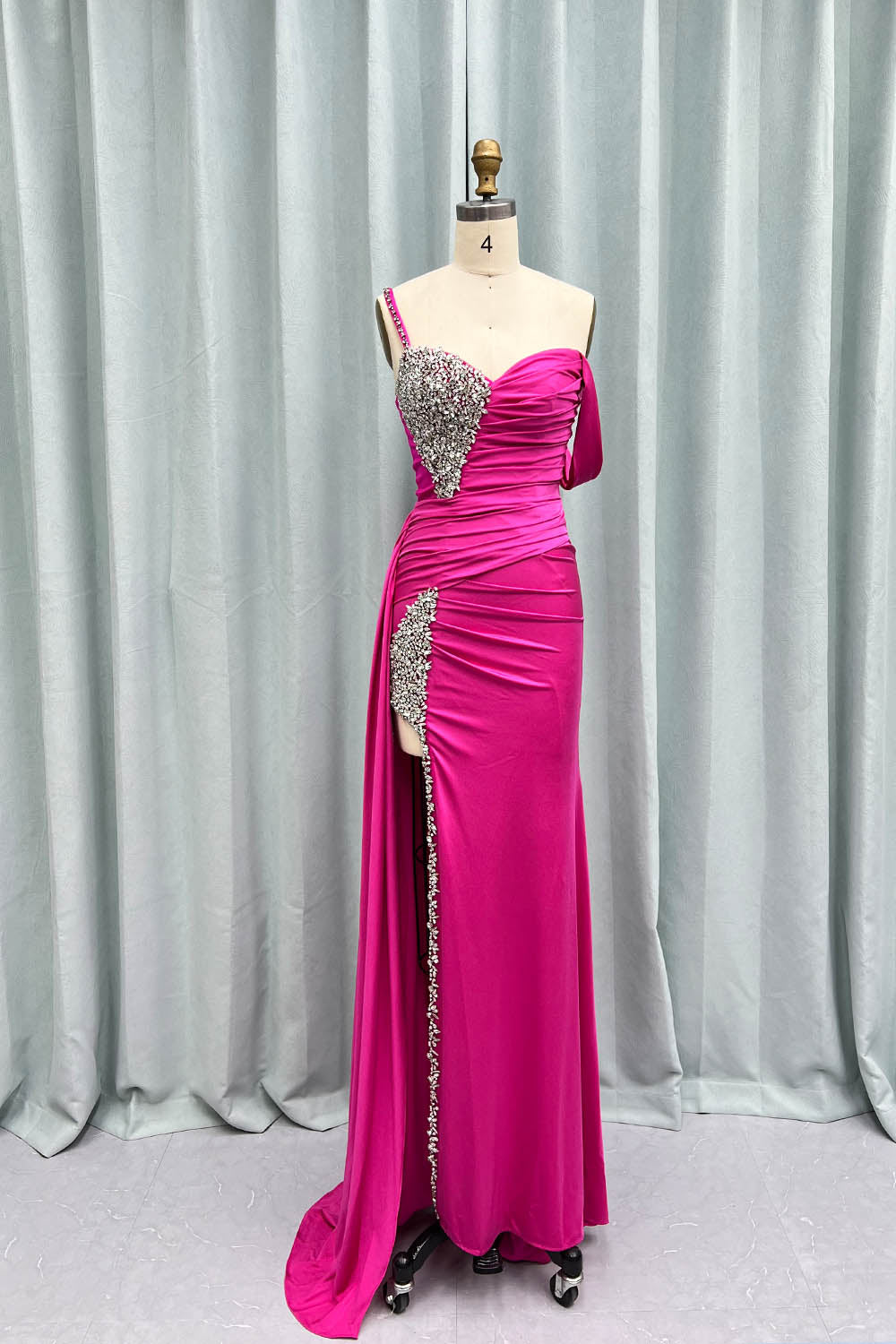 Red High Slit Crystals Long Prom Dresses One Shoulder Evening Gown