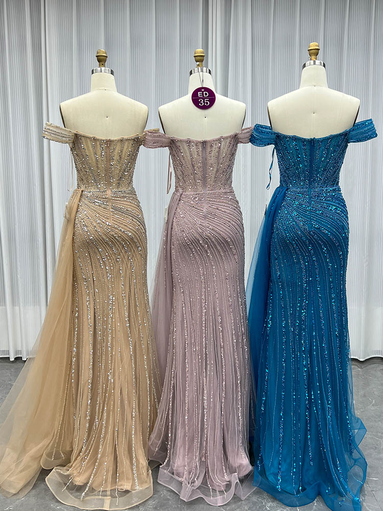 YQLNNE ED035 Pink Off Shoulder Crystals Evening Dress Mermaid With Detachable Train