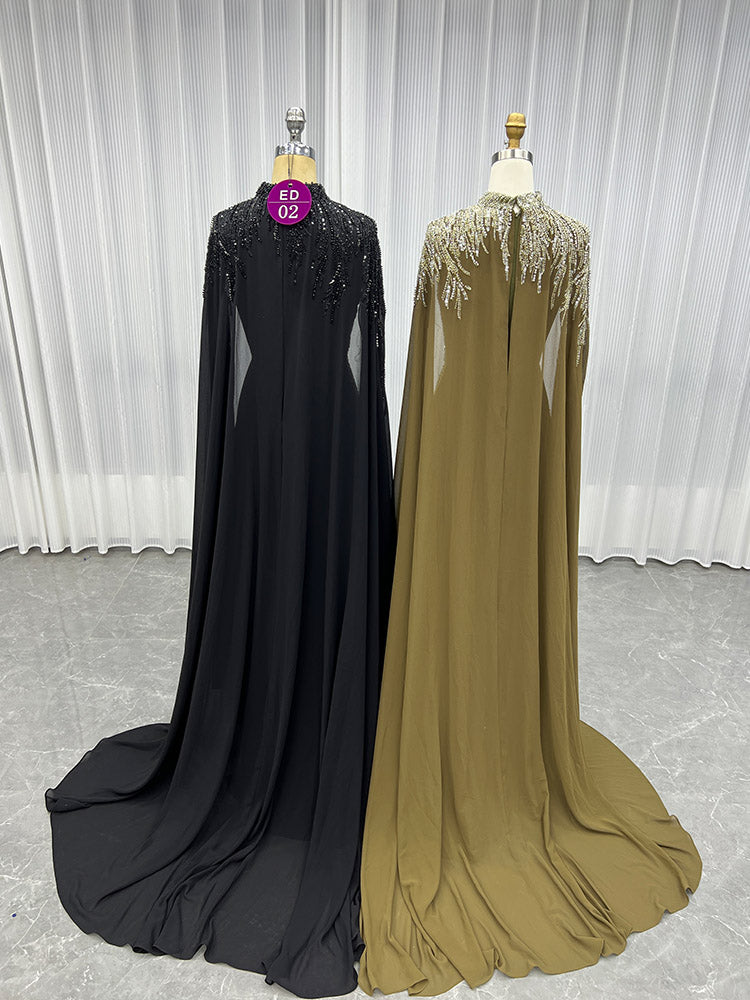 YQLNNE ED02 Black High Collar Chiffon Aline Evening Dress With Handmade Crystals Beaded