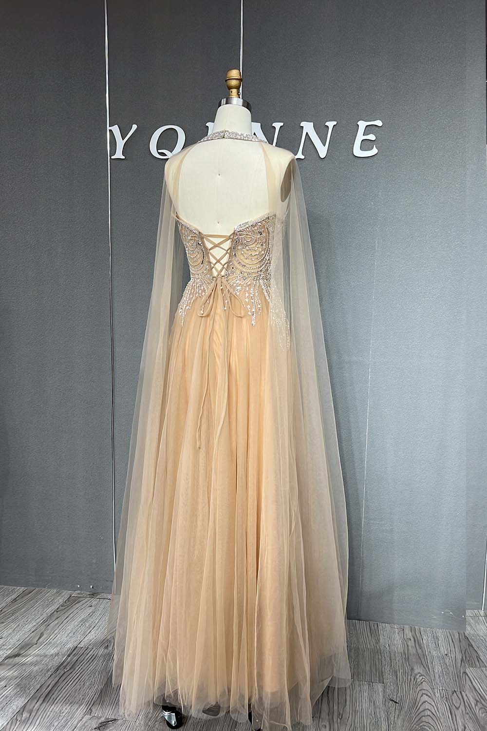 YQLNNE Nude Champagne Long Slit Prom Dresses Sweetheart Beading Tulle Aline Evening Gown Lace-up