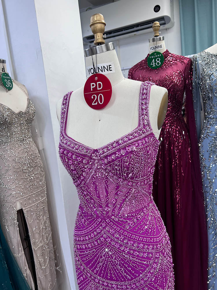 YQLNNE PD020 Fuchsia Spaghetti Crystals Embroidered Long Evening Dress Mermaid