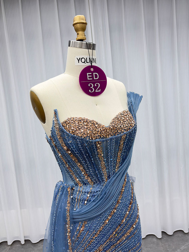 YQLNNE ED032 Luxury Gold One Shoulder Rhinestones Evening Dresses Rhinestones Mermaid Detachable Train
