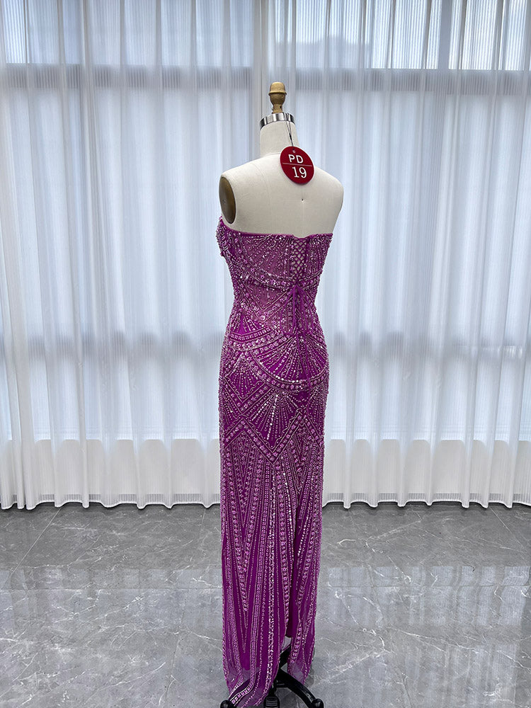 YQLNNE PD019 Fuchsia Strapless Beadings Mermaid Prom Dress Lace-up