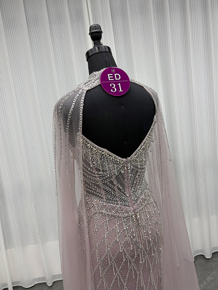 YQLNNE ED031 Gold Crystals Beaded Evening Dress With Shawl