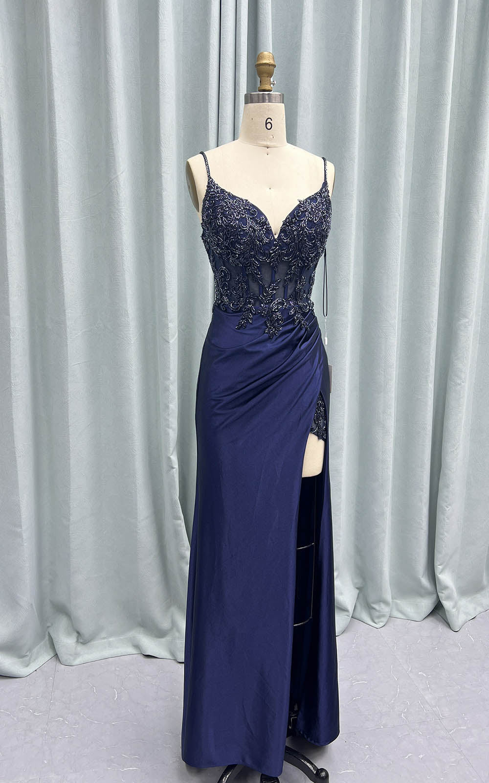 Navy Blue High Slit Long Prom Dresses Formal Gown