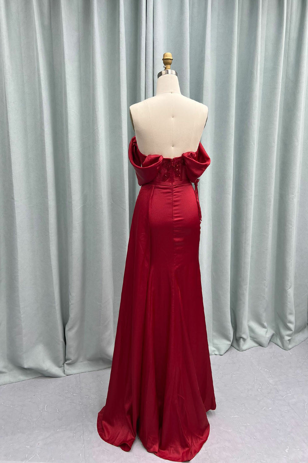 YQLNNE Wine Red Satin Off the Shoulder High Slit Long Prom Dresses Mermaid Red Carpet Gown Vestidos de Gala