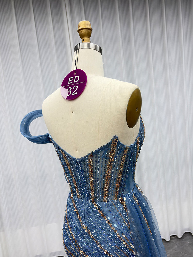 YQLNNE ED032 Luxury Gold One Shoulder Rhinestones Evening Dresses Rhinestones Mermaid Detachable Train
