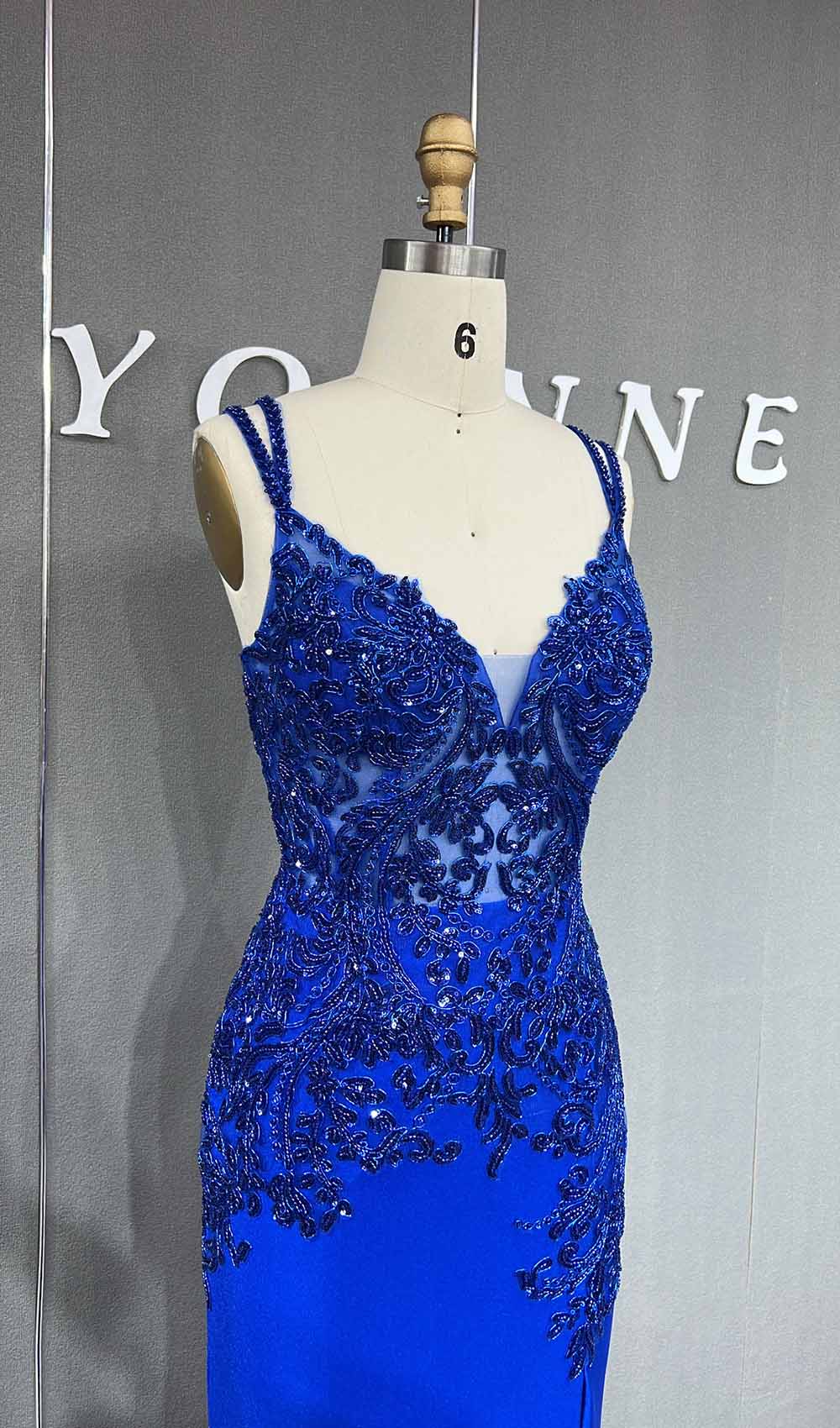 YQLNNE Royal Blue High Slit Beading Prom Dresses Long Spaghetti Sequined Spandex Mermaid Evening Gown Lace-up