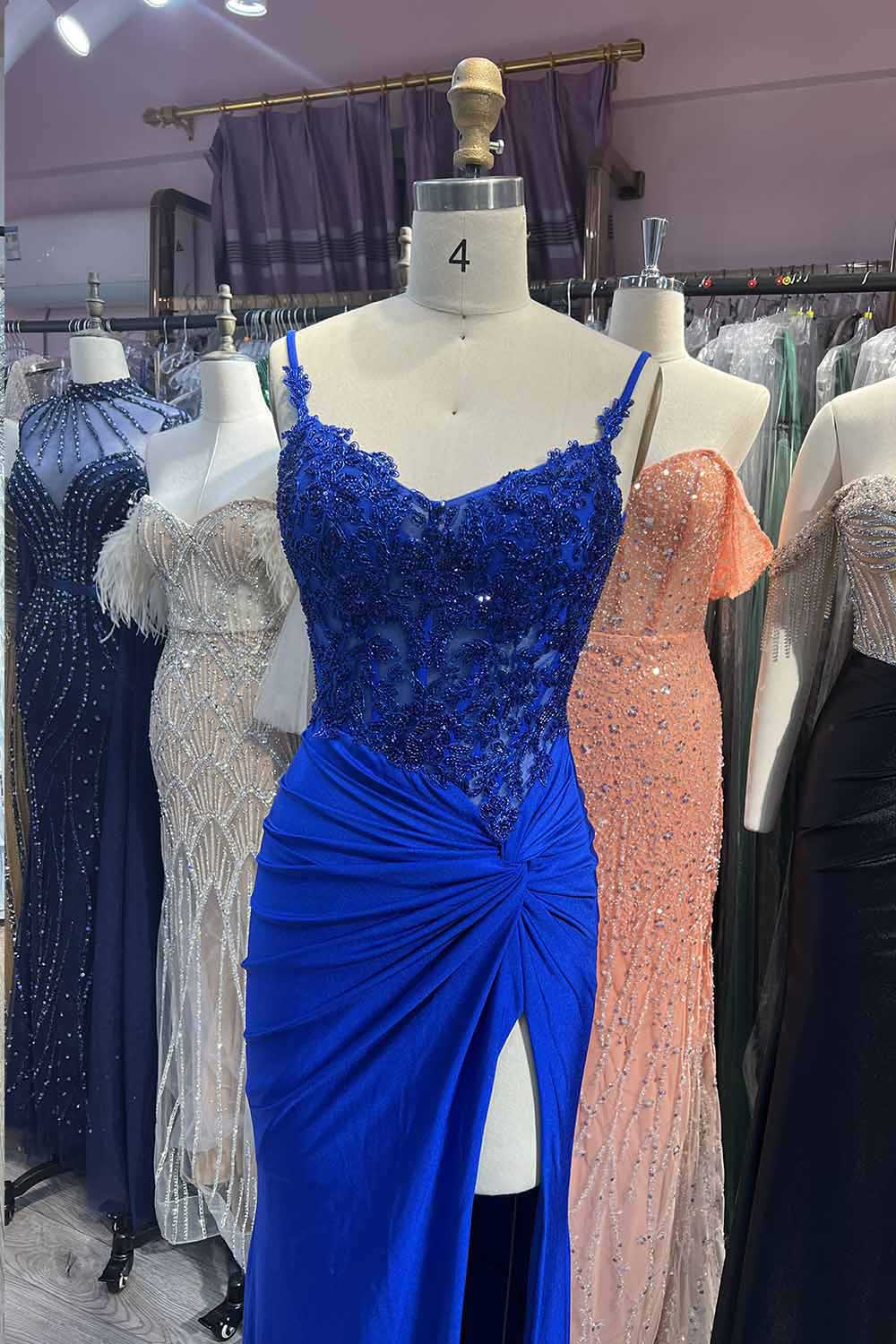 Royal Blue Long Prom Dresses Mermaid Beading Evening Gown