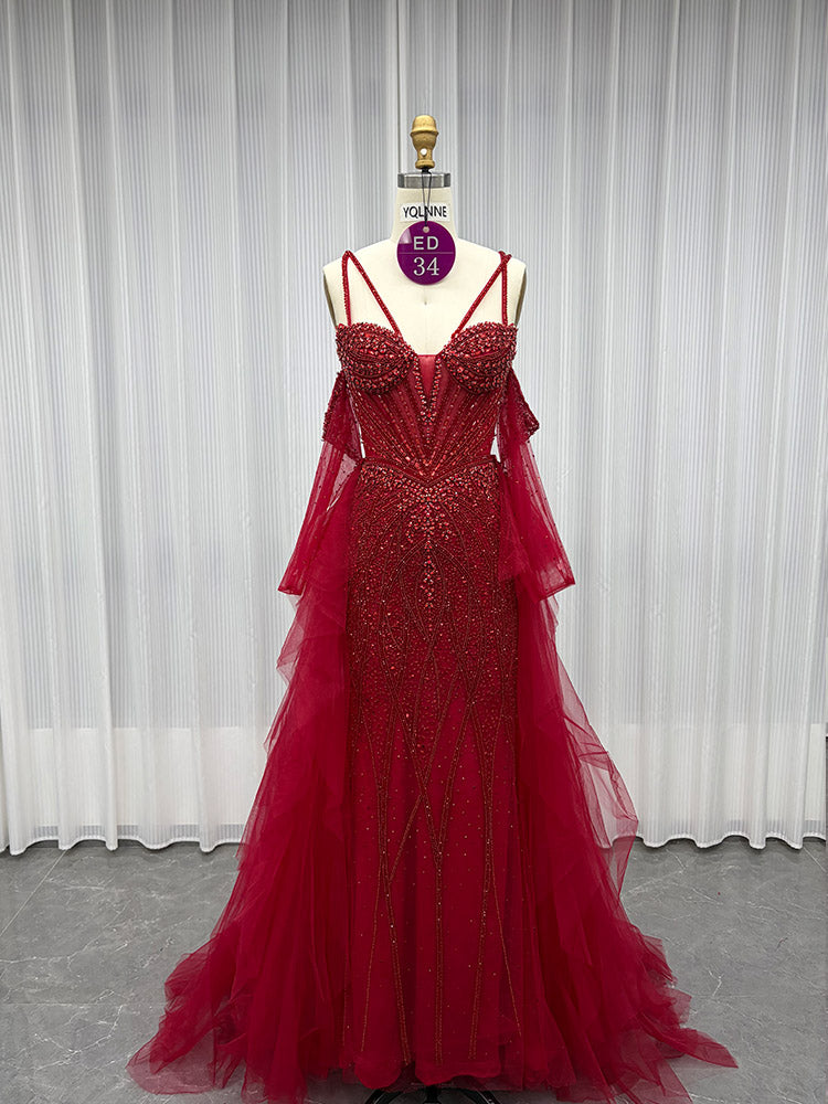 YQLNNE ED034 Red Rhinestones Mermaid Evening Dress Party Gown