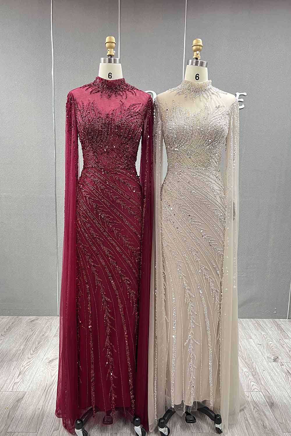 YQLNNE 049 Nude Handmade Beaded Evening Dress With Cape Sleeves