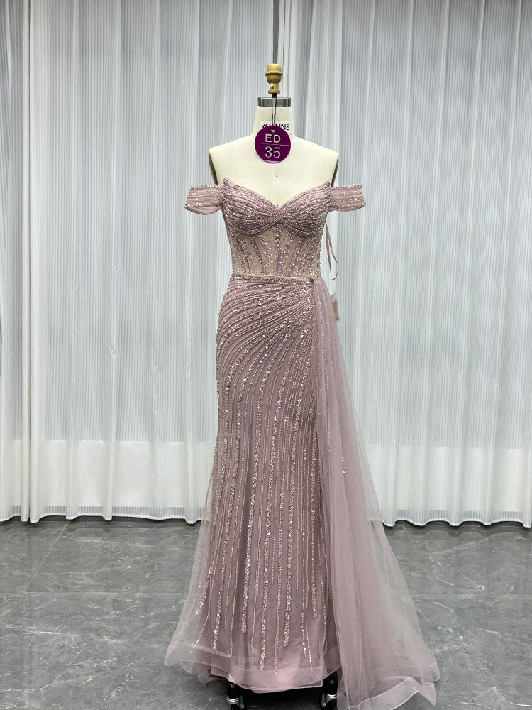 YQLNNE ED035 Pink Off Shoulder Crystals Evening Dress Mermaid With Detachable Train