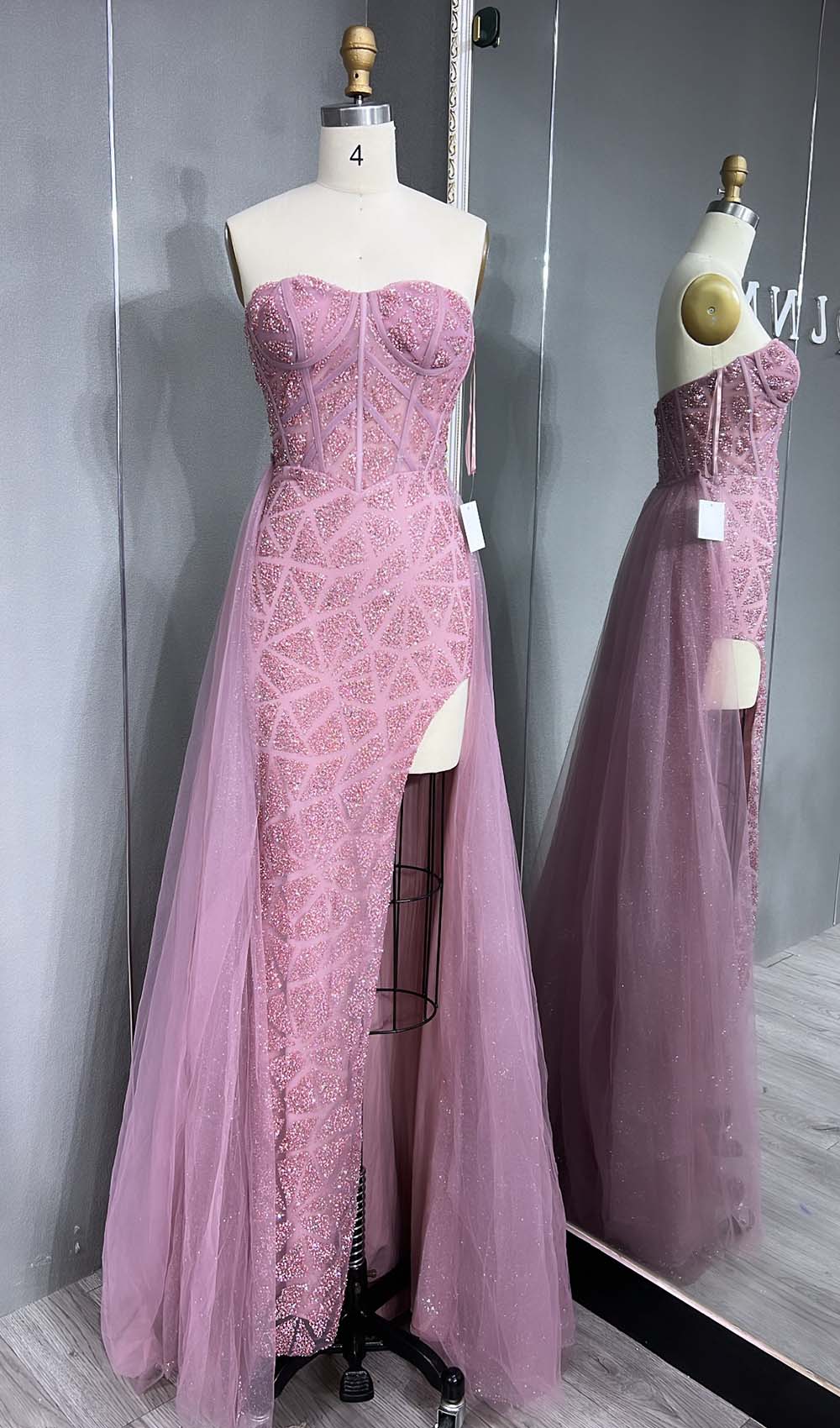 YQLNNE 070 Sparkly Glitter Strapless Long Prom Dress With Removable Train