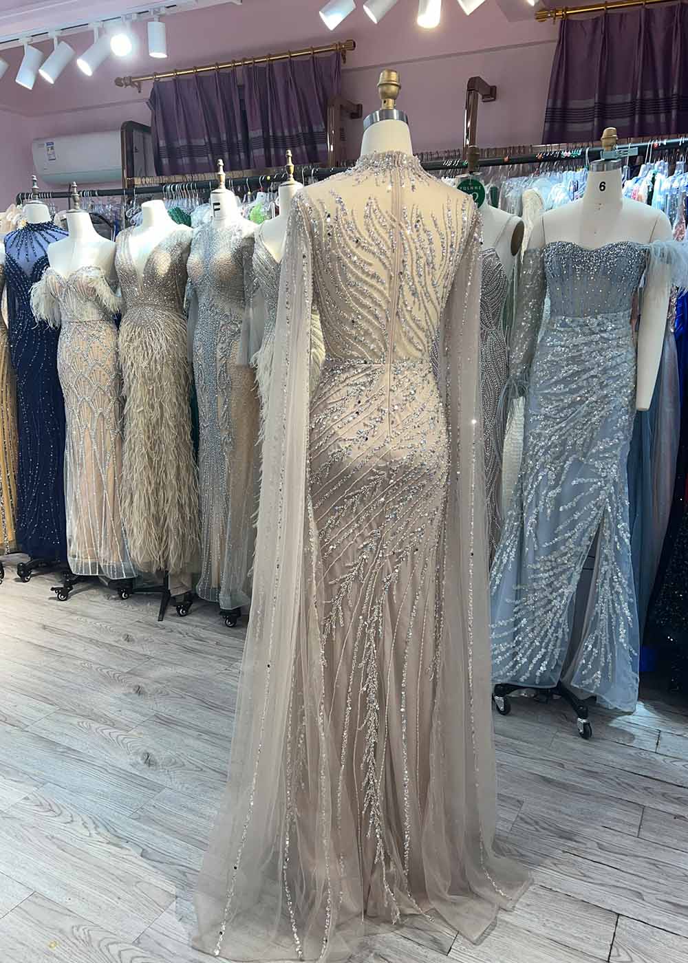 YQLNNE Luxury Nude Handmade Crystals Evening Dress With Sleeves Long Mermaid High Collar Tulle Beaded Formal Gowns