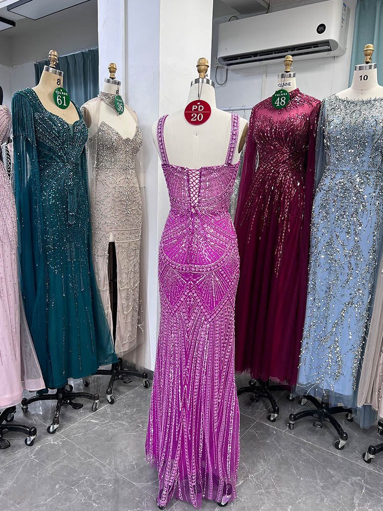 YQLNNE PD020 Fuchsia Spaghetti Crystals Embroidered Long Evening Dress Mermaid
