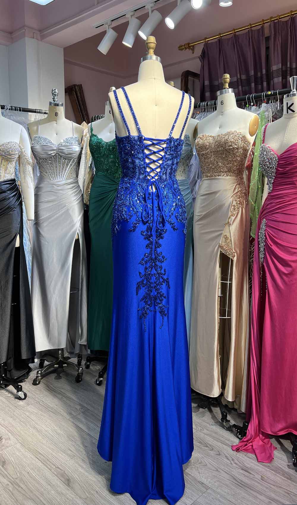 YQLNNE Gold High Slit Beading Prom Dresses Long Spaghetti Sequined Spandex Mermaid Evening Gown Lace-up