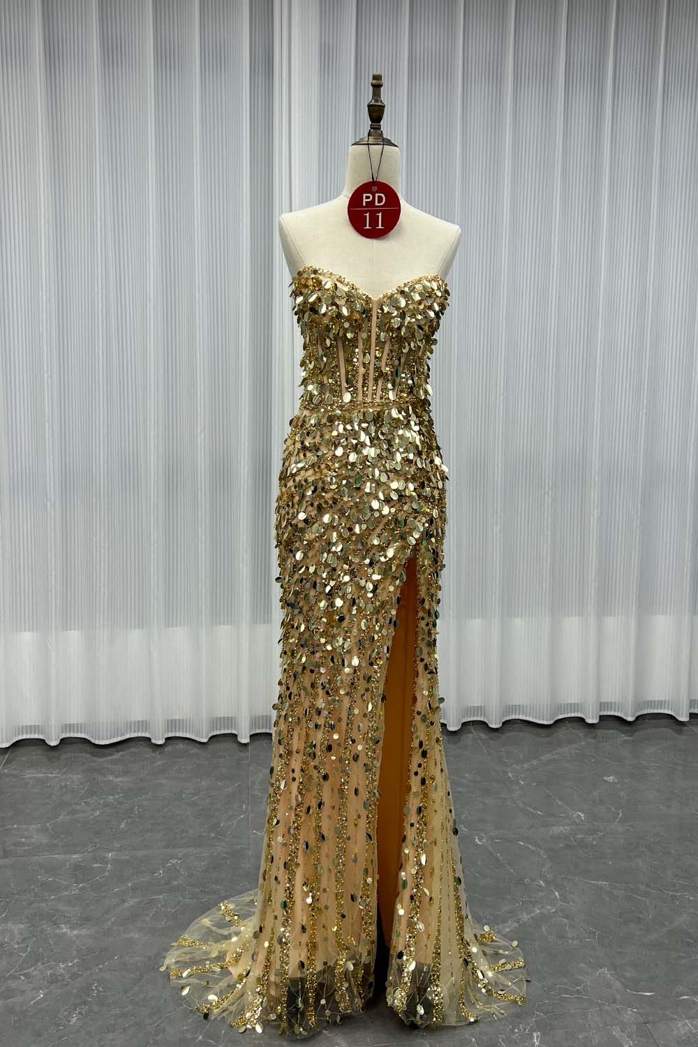YQLNNE PD011 Sparkly Gold Sequins Beading Long Prom Dress With Slit